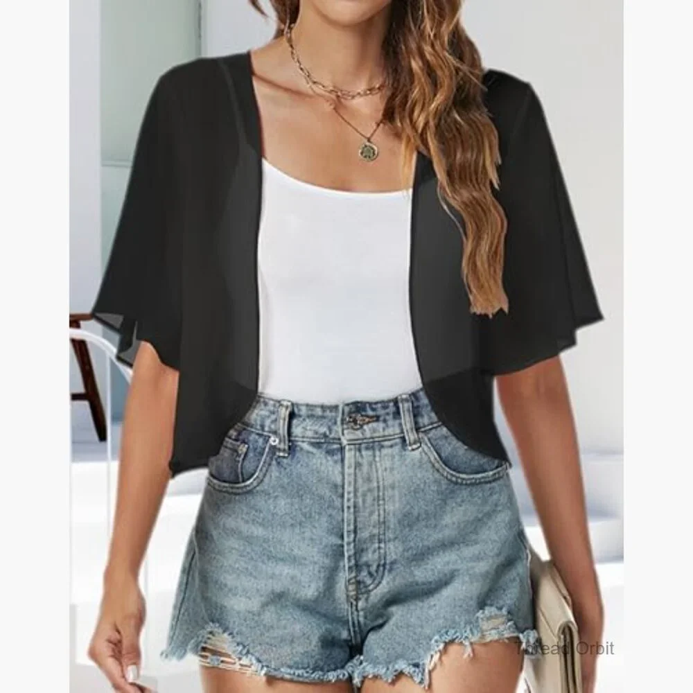 Chiffon Shrug Cardigan Short Sleeve Open Front Bolero for Evening Dressy - Picture 2 of 7